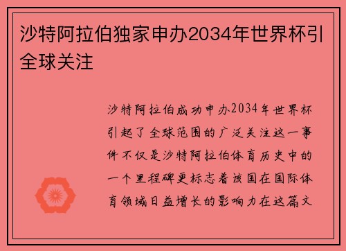 沙特阿拉伯独家申办2034年世界杯引全球关注